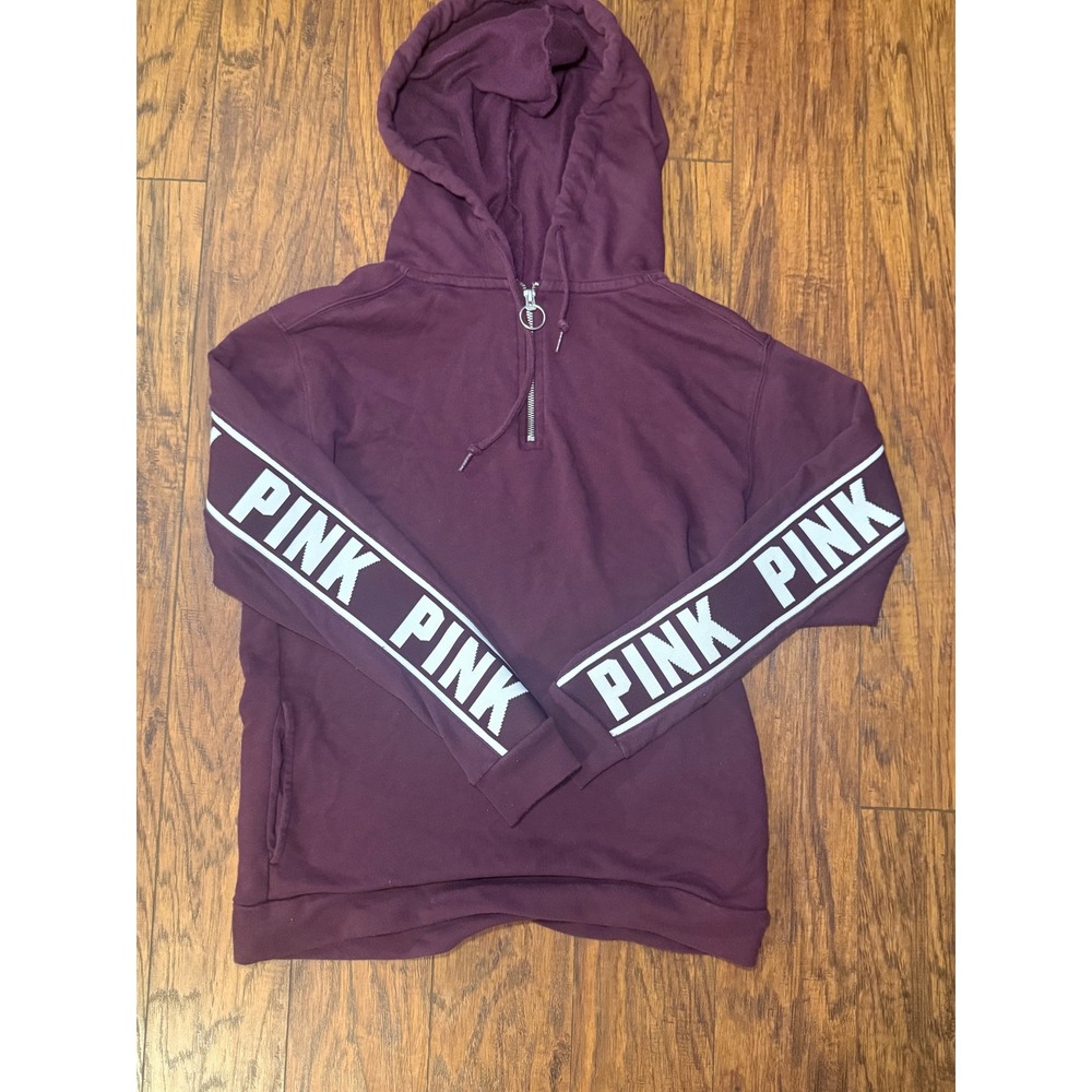Victoria's Secret PINK Quarter Zip Hoodie Maroon Burgundy Logo Tape XS